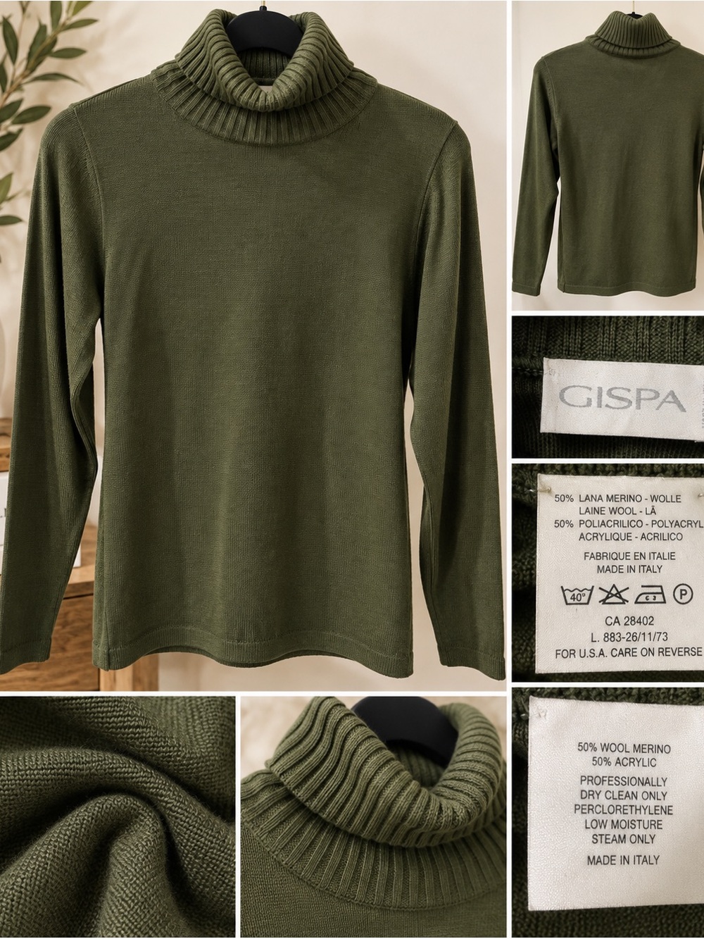 Vintage GISPA Italy Olive Green Merino Wool Turtleneck Sweater M